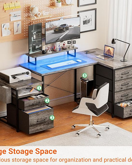 Unikito 70.8" Reversible L Shaped Computer Desk with Fabric File Drawers, Corner Desk with RGB LED Lights & Power Outlets & Monitor Stand, Large Gaming Desk for Home Office Workstation, Black Oak - LeafyLoom