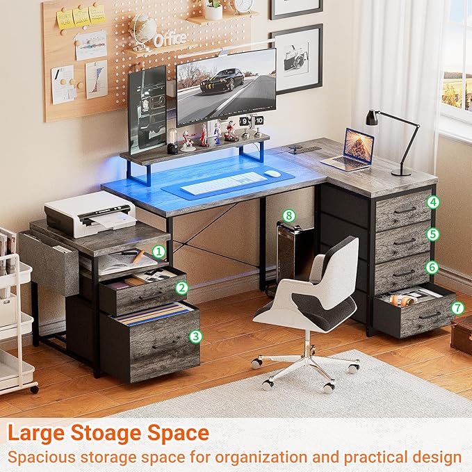 Unikito 70.8" Reversible L Shaped Computer Desk with Fabric File Drawers, Corner Desk with RGB LED Lights & Power Outlets & Monitor Stand, Large Gaming Desk for Home Office Workstation, Black Oak - LeafyLoom