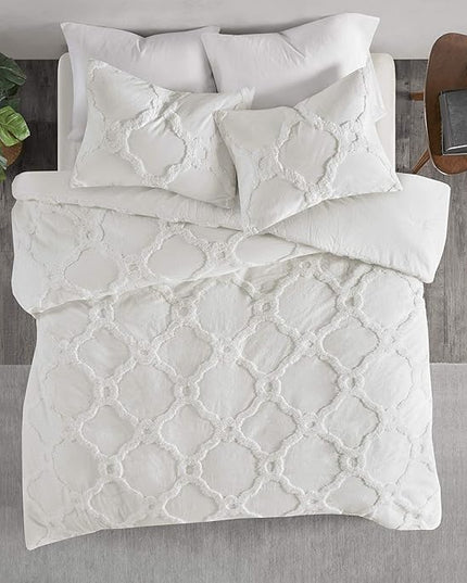 Madison Park Tufted Chenille Cotton Comforter, All Season Bedding Set, Matching Shams, Pacey Shabby Chic, Geometric Ogee Off White King/Cal King(104"x92") 3 Piece - LeafyLoom