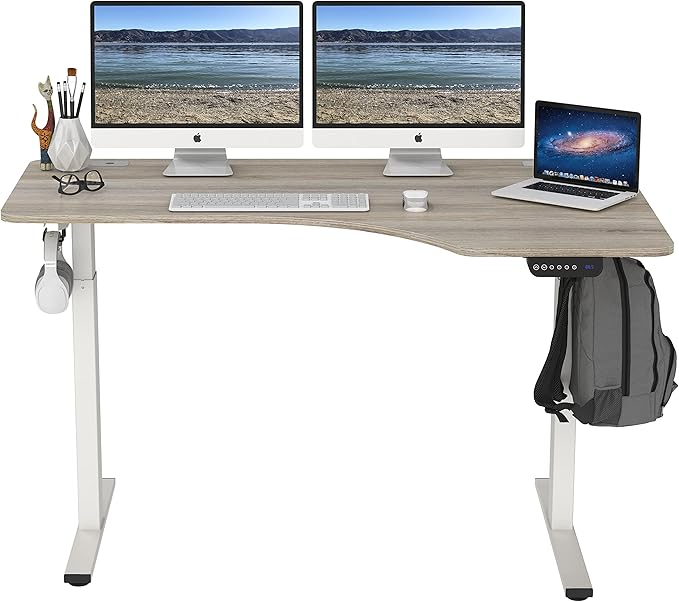 SHW 55-Inch Large Electric Height Adjustable L-Shaped Standing Desk with Right Facing Corner, Oak - LeafyLoom