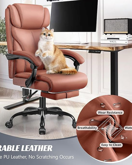 Office Chair, Executive Leather Chair Big and Tall Ergonomic Computer Desk Chair, Comfy Swivel Rolling Reclining Lumbar Support Task Chair with Adjustable High Back Foot Rest for Home Gaming - LeafyLoom