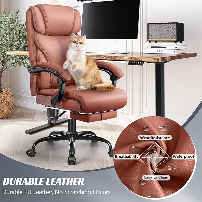 Office Chair, Executive Leather Chair Big and Tall Ergonomic Computer Desk Chair, Comfy Swivel Rolling Reclining Lumbar Support Task Chair with Adjustable High Back Foot Rest for Home Gaming - LeafyLoom
