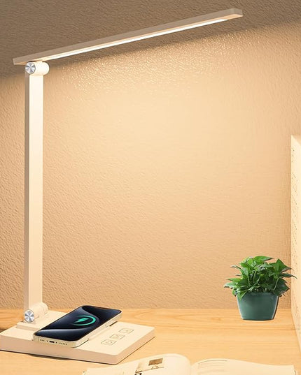 LED Desk Lamp with Wireless Charger and USB Charging Port,Desk Lamps for Home Office,Study Dimmable Table Lamp Desk Light,5 Colors Stepless Dimming,Eye-Caring Desk Lamp for College Dorm Room - LeafyLoom