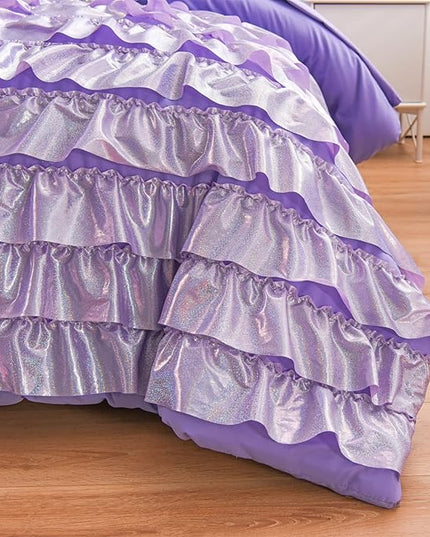A Nice Night Waterfall Flutter Ruffle 3PCS Comforter Set,Chic Ruffled Textured Princess Bedding Set,Bling Purple,Twin - LeafyLoom