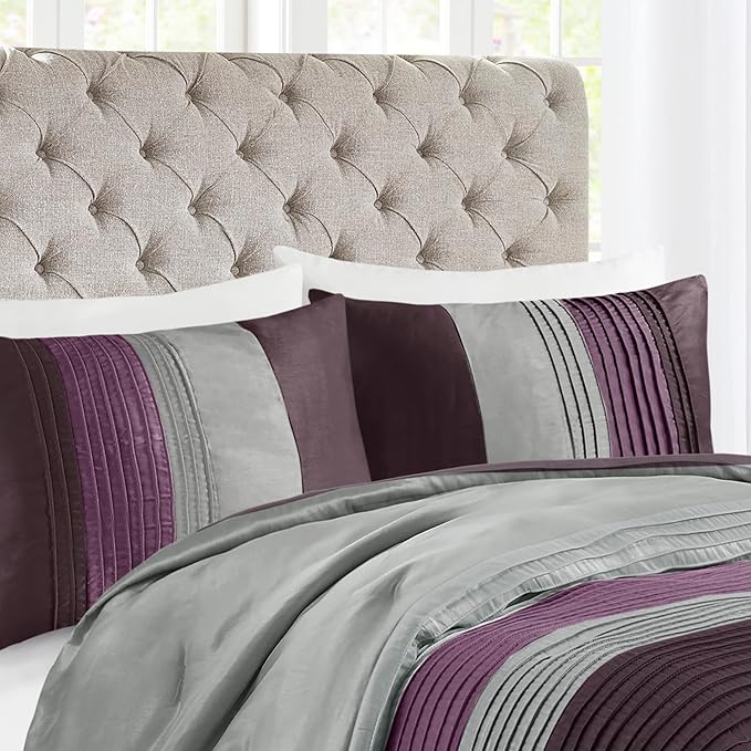 Madison Park Amherst Faux Silk Comforter Set-Casual Contemporary Design All Season Down Alternative Bedding, Matching Shams, Bedskirt, Decorative Pillows, King(104"x92"), Purple, 7 Piece (MP10-127) - LeafyLoom