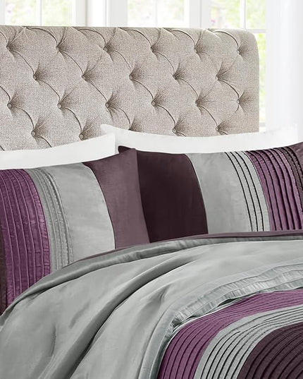 Madison Park Amherst Faux Silk Comforter Set-Casual Contemporary Design All Season Down Alternative Bedding, Matching Shams, Bedskirt, Decorative Pillows, Queen (90 in x 90 in), Purple, 7 Piece - LeafyLoom