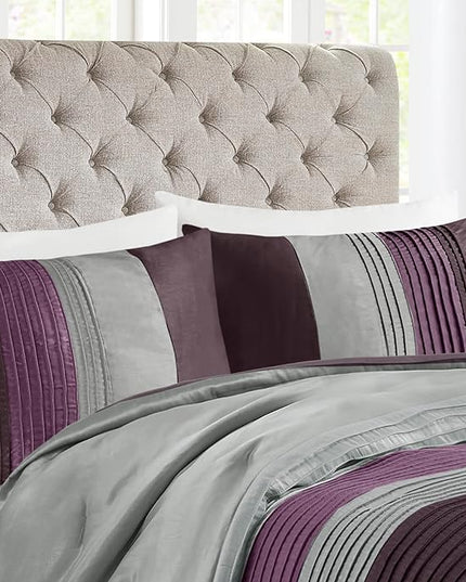 Madison Park Amherst Faux Silk Comforter Set-Casual Contemporary Design All Season Down Alternative Bedding, Matching Shams, Bedskirt, Decorative Pillows, Cal King(104"x92"), Purple, 7 Piece - LeafyLoom