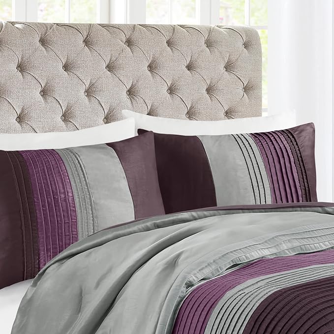 Madison Park Amherst Faux Silk Comforter Set-Casual Contemporary Design All Season Down Alternative Bedding, Matching Shams, Bedskirt, Decorative Pillows, Cal King(104"x92"), Purple, 7 Piece - LeafyLoom