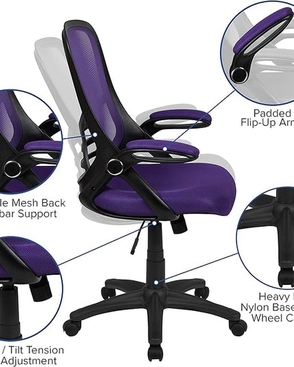 Flash Furniture Porter High-Back Swivel Office Chair with Adjustable Lumbar Support and Seat Height, Ergonomic Mesh Desk Chair with Flip-Up Armrests, Purple/Black - LeafyLoom