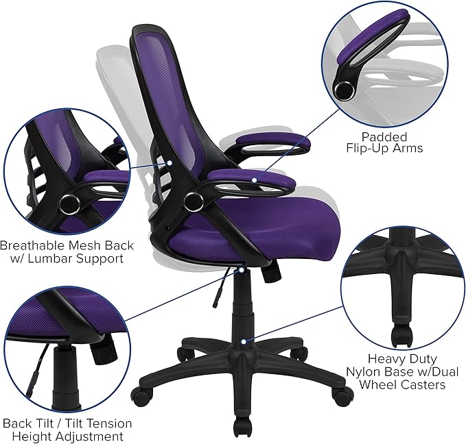 Flash Furniture Porter High-Back Swivel Office Chair with Adjustable Lumbar Support and Seat Height, Ergonomic Mesh Desk Chair with Flip-Up Armrests, Purple/Black - LeafyLoom