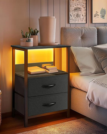 Nightstand with Charging Station, Bedside Table with Fabric Drawers, End Table with Open Shelf, Side Table with USB Ports & Outlets, Night Stand for Bedroom, Black - LeafyLoom