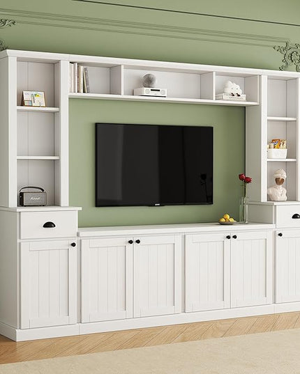 Merax Minimalist Entertainment Wall Unit Set with Bridge Ample Storage Space and Adjustable Shelves, TV Stand for Televisions Up to 75'', Modernist Large Media Console for Living Room, White - LeafyLoom