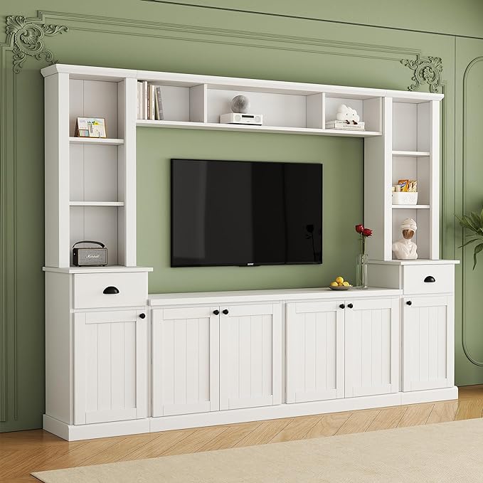 Merax Minimalist Entertainment Wall Unit Set with Bridge Ample Storage Space and Adjustable Shelves, TV Stand for Televisions Up to 75'', Modernist Large Media Console for Living Room, White - LeafyLoom