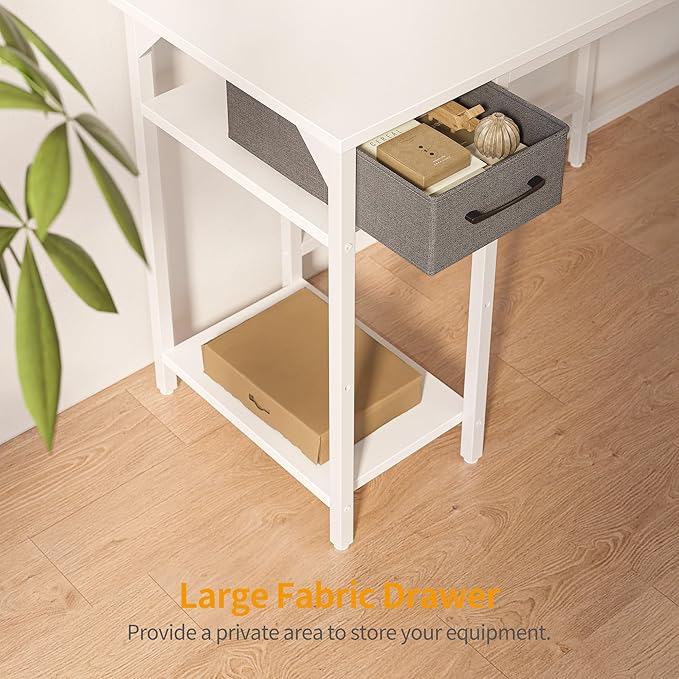 BANTI L Shaped Desk with Power Outlets, Computer Desk with Drawer, Reversible Corner Desk with Grid Storage Bookshelf, Home Office Desk, White - LeafyLoom