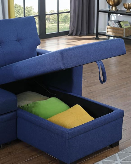 Sectional Sofa with Tufted Seat & Back Cushion,Solid Wood Frame Dsign, Linen Reversible w/Storage Chaise and Pull-Out Sleeper for Home, Small Space Apartment, 82 Inch, Blue - LeafyLoom