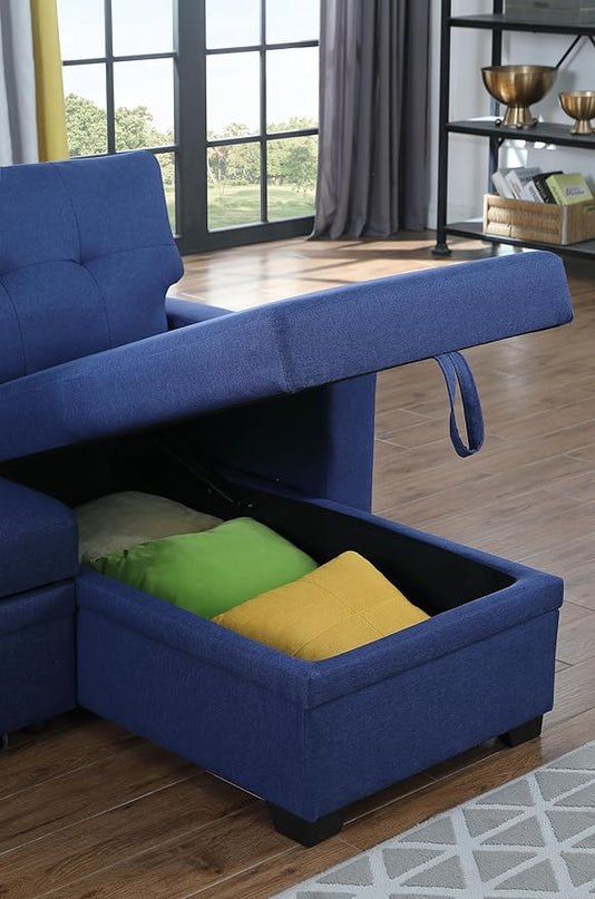 Sectional Sofa with Tufted Seat & Back Cushion,Solid Wood Frame Dsign, Linen Reversible w/Storage Chaise and Pull-Out Sleeper for Home, Small Space Apartment, 82 Inch, Blue - LeafyLoom