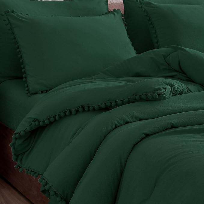 Litanika Queen Size Comforter Set Dark Green,3 Pieces Dark Green Boho Pom Pom Lightweight Bed Comforter, All Season Soft Solid Color Bedding Comforter Sets (1 Comforter 90x90 Inch, 2 Pillowcases) - LeafyLoom