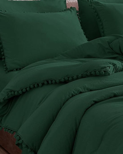 Litanika King Size Comforter Set Dark Green,3 Pieces Dark Green Boho Pom Pom Lightweight Bed Comforter, All Season Soft Solid Color Bedding Comforter Sets (1 Comforter 104x90 Inch, 2 Pillowcases) - LeafyLoom