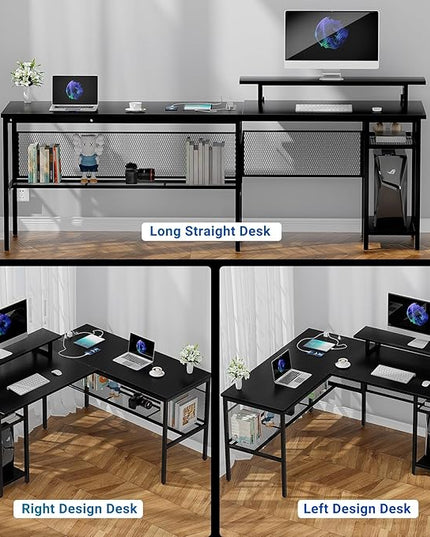 Reversible L Shaped Computer Desk with Magic Power Outlet and Smart LED Light, 55 Inch Large Office Corner Desk with Ergonomic Monitor Stand, Gaming Table with Storage, Grid Design, Black - LeafyLoom