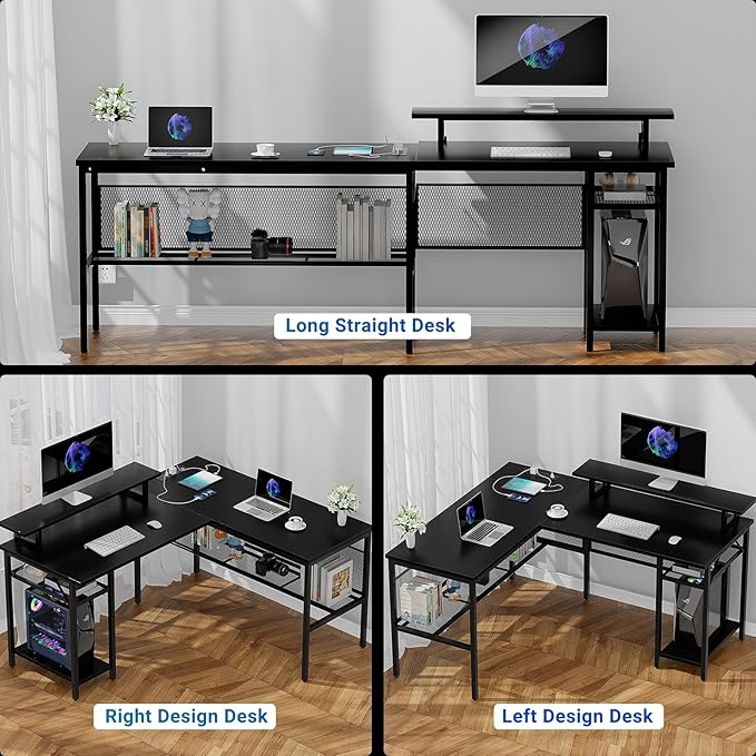 Reversible L Shaped Computer Desk with Magic Power Outlet and Smart LED Light, 55 Inch Large Office Corner Desk with Ergonomic Monitor Stand, Gaming Table with Storage, Grid Design, Black - LeafyLoom