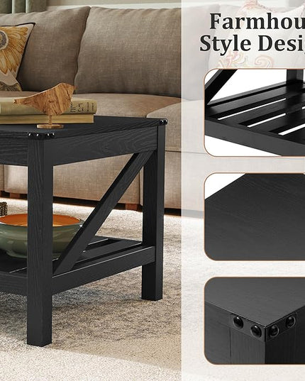 Farmhouse Coffee Table with 2-Tier Shelves - Rectangular Coffee Table with Storage for Living Room, Wood Coffee Table with Sturdy Frame, Black - LeafyLoom