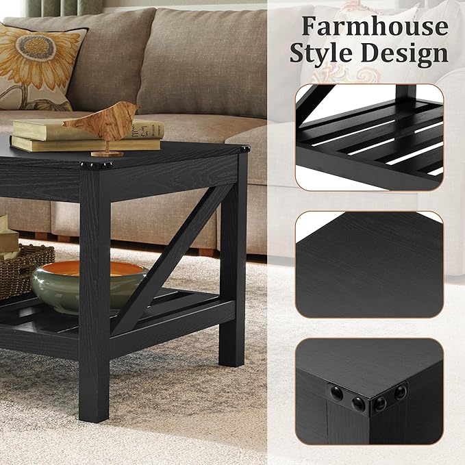 Farmhouse Coffee Table with 2-Tier Shelves - Rectangular Coffee Table with Storage for Living Room, Wood Coffee Table with Sturdy Frame, Black - LeafyLoom