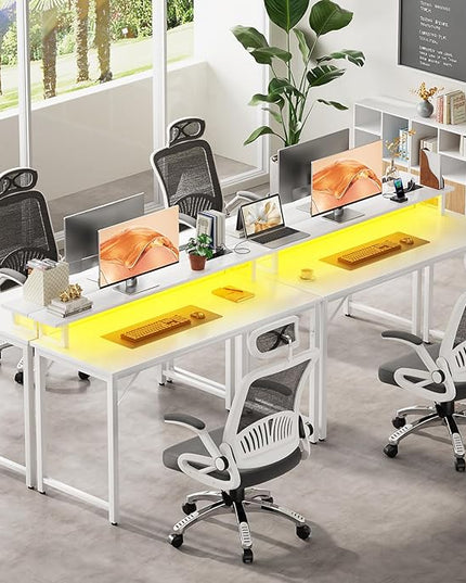 Computer Desk with USB Power Outlets and LED Lights, 47 inch Gaming desk with Monitor Stand for Small Space Home Office, Modern Simple Study Writing Table PC Desks, White - LeafyLoom