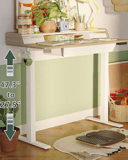 FEZIBO Standing Desk with Drawers, 48 x 25 Inch Adjustable Height Stand Up Desk with Storage Shelf, Home Office Desk with Monitor Stand, Light Walnut - LeafyLoom