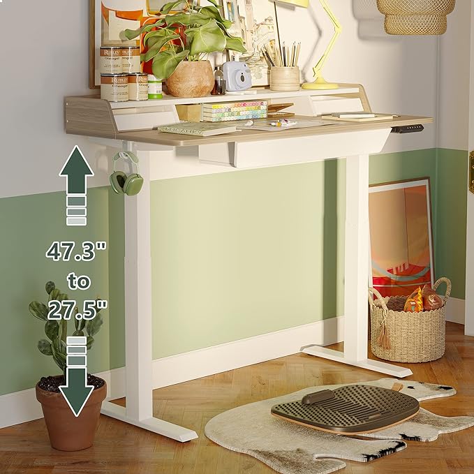 FEZIBO Standing Desk with Drawers, 48 x 25 Inch Adjustable Height Stand Up Desk with Storage Shelf, Home Office Desk with Monitor Stand, Light Walnut - LeafyLoom