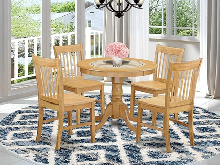 East West Furniture ANNO5-OAK-W 5 Piece Room Furniture Set Includes a Round Dining Table with Pedestal and 4 Wood Seat Chairs, 36x36 Inch - LeafyLoom