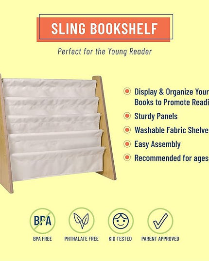Wildkin Kids Canvas Sling Bookshelf for Boys and Girls, Wooden Design Features Four Fabric Shelves, Keep Bedrooms, Playrooms, and Classrooms Organized, Measures 25 x 24 x 11 Inches (Natural w/ Tan) - LeafyLoom