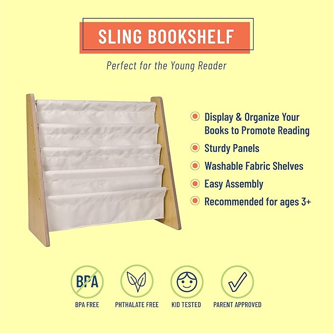 Wildkin Kids Canvas Sling Bookshelf for Boys and Girls, Wooden Design Features Four Fabric Shelves, Keep Bedrooms, Playrooms, and Classrooms Organized, Measures 25 x 24 x 11 Inches (Natural w/ Tan) - LeafyLoom