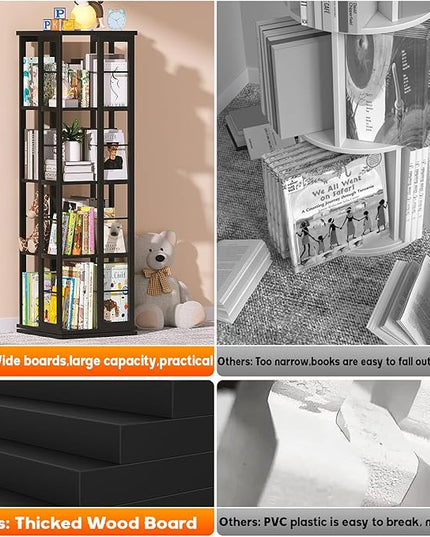 Aheaplus Rotating Bookshelf, Corner Bookshelf, 360 Display Wood Spinning Bookshelf, Floor Standing Bookcase Narrow Shelf Revolving Organizer Storage Rack for Small Space, Bedroom, Study Room, Black - LeafyLoom
