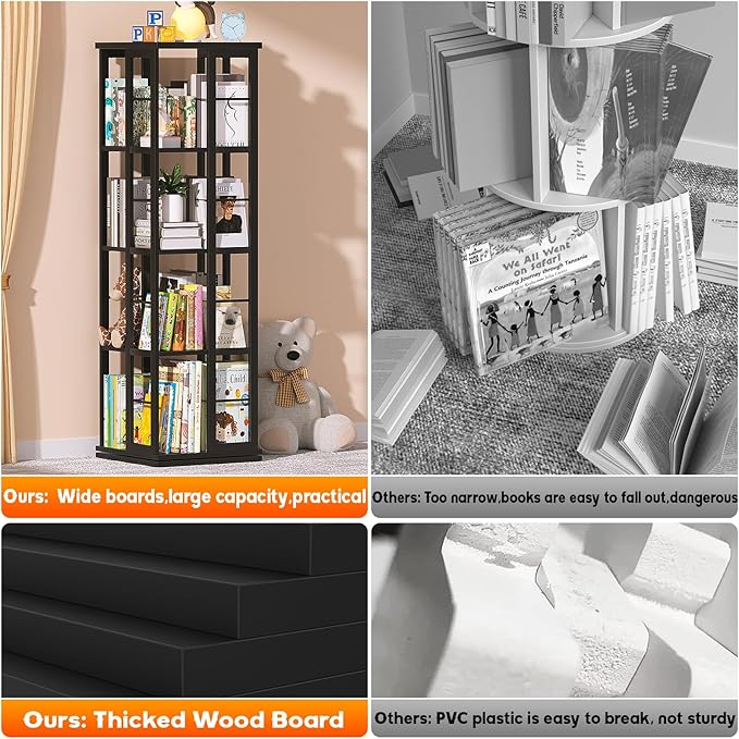 Aheaplus Rotating Bookshelf, Corner Bookshelf, 360 Display Wood Spinning Bookshelf, Floor Standing Bookcase Narrow Shelf Revolving Organizer Storage Rack for Small Space, Bedroom, Study Room, Black - LeafyLoom
