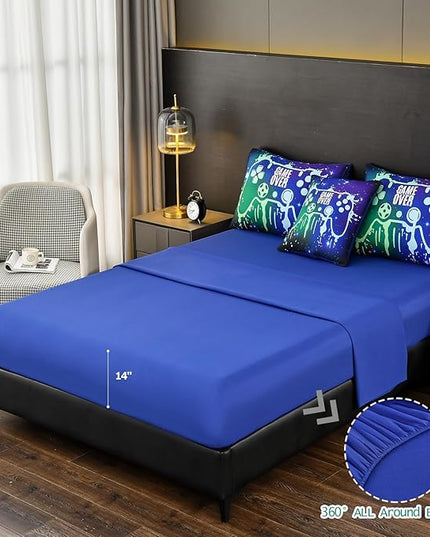 Gamer Console Blue Comforter Set with Sheets for Boys,Full Size Glitter Gaming Bedding Set for Kids,6 Pieces Colorful Graffiti Green Dark Game Controller Bed in a Bag for Teens (Green&Blue, Full) - LeafyLoom