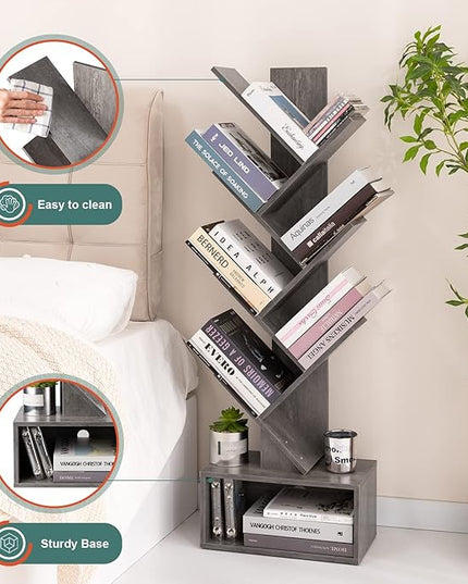 Yoobure Tree Bookshelf - 6 Shelf Retro Floor Standing Bookcase, Tall Wood Book Storage Rack for CDs/Movies/Books, Utility Book Organizer Shelves for Bedroom, Living Room, Home Office, Grey - LeafyLoom