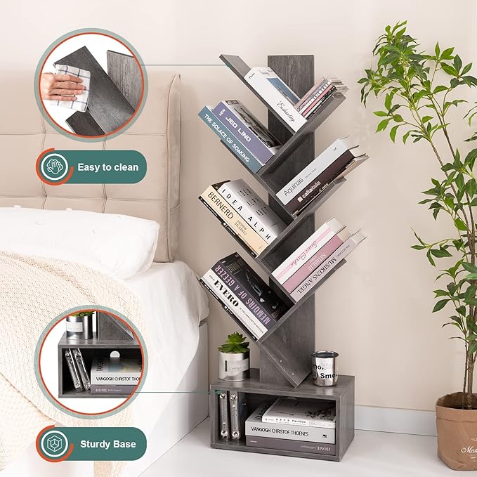 Yoobure Tree Bookshelf - 6 Shelf Retro Floor Standing Bookcase, Tall Wood Book Storage Rack for CDs/Movies/Books, Utility Book Organizer Shelves for Bedroom, Living Room, Home Office, Grey - LeafyLoom