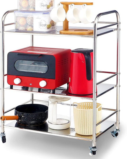 Stainless Steel Cart with Wheels 3 Tier | Stainless Steel Kitchen Cart | Stainless Steel Utility Cart | Metal Cart with Wheels | Suitable for Various Occasions | Movable, Gift tools - LeafyLoom