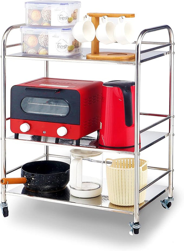 Stainless Steel Cart with Wheels 3 Tier | Stainless Steel Kitchen Cart | Stainless Steel Utility Cart | Metal Cart with Wheels | Suitable for Various Occasions | Movable, Gift tools - LeafyLoom