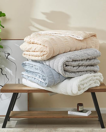 Full/Queen 100% Cotton Comforter Set | White Puckered Striped Down Alternative Comforter | All Season, Linen-Like, Textured 3 Piece Bedding Comforter Set (Full/Queen, White) - LeafyLoom