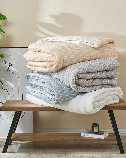 Full/Queen 100% Cotton Comforter Set | Grey Puckered Striped Down Alternative Comforter | All Season, Linen-Like, Textured 3 Piece Bedding Comforter Set (Full/Queen, Grey) - LeafyLoom