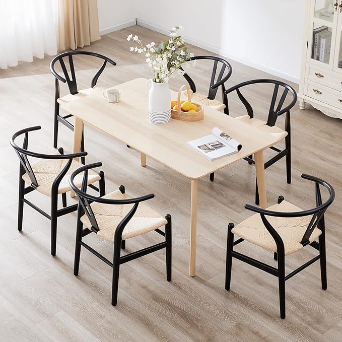 Farini Wishbone Chairs for Dining Room Solid Wood Rattan Chair Armchairs Y Shaped Backrest Hemp Seat for Home Restaurant Fully-Assembled(Set of 2,Black-Beige Seat) - LeafyLoom