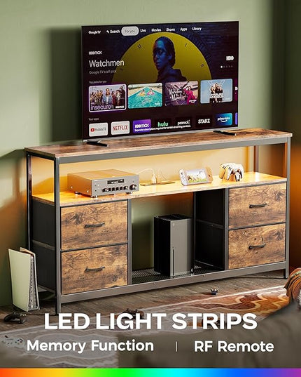 TV Stand Dresser with Power Outlets and LED Lights, 4 Drawers Entertainment Center with Shelves, 54 Inch Media Console for 55 60 Inch TV, 4 AC Outlets, 2 USBs, Rustic Brown - LeafyLoom