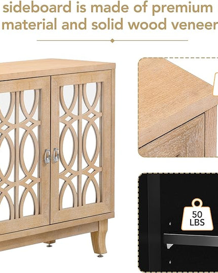 Multifunctional Sideboard with Glass, Vintage 3 Door Mirrored Buffet Cabinet,W/Silver Handle,Easy to Assemble,Console Table for Living Room Hallway Entryway,Natural Wood Wash, 47.2" - LeafyLoom