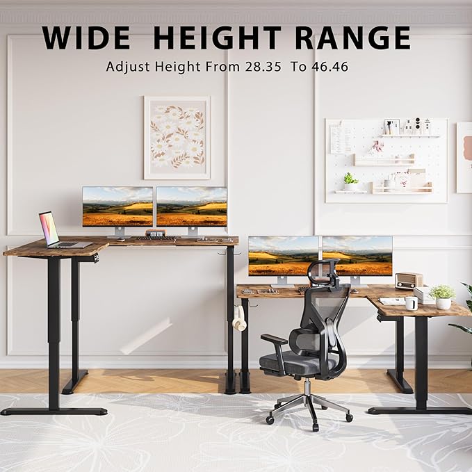 L-Shaped Electric Standing Desk, 63 x 55 Inches Height Adjustable Coner Table, Home Office Computer Workstation, Rustic Brown, 63 x 55 Inch - LeafyLoom