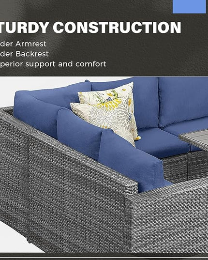 Solaste 7 Piece Outdoor Patio Furniture Set, Outdoor Sectional PE Rattan Patio Conversation Sofa with All Weather Dining Table Chair Set, Blue - LeafyLoom