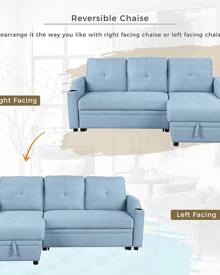 80.3'' L-Shape Convertible Sleeper Sectional Sofa with Storage Chaise and Pull-Out Bed, Linen Upholstered Reversible Corner Couch w/Tufted Cushions &Cup Holder, for Living Room, Apartment - LeafyLoom