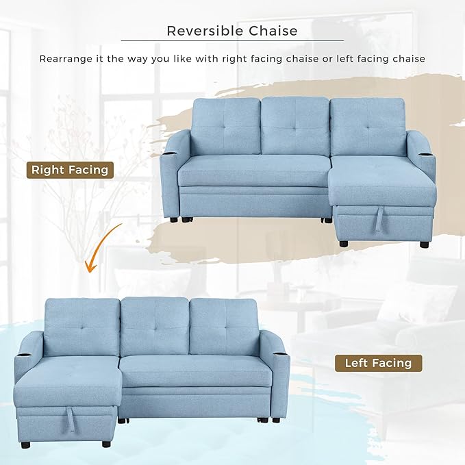 80.3'' L-Shape Convertible Sleeper Sectional Sofa with Storage Chaise and Pull-Out Bed, Linen Upholstered Reversible Corner Couch w/Tufted Cushions &Cup Holder, for Living Room, Apartment - LeafyLoom