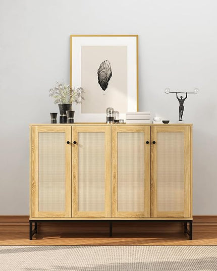 Storage Cabinet, Large Capacity Four-Door Rattan Sideboard with Adjustable Partitions, Metal Cabinet Legs, Modern Elegant Design Accent Cabinet Suitable for Home Office Bar Cafe (Natural Wood) - LeafyLoom