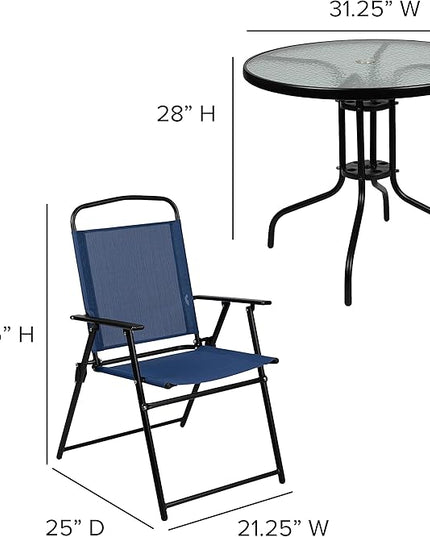 Flash Furniture Nantucket 6-Piece Patio Dining Set with Glass Table, 4 Folding Chairs, and Umbrella, Outdoor Patio Table, Chairs, Umbrella Set, Navy - LeafyLoom